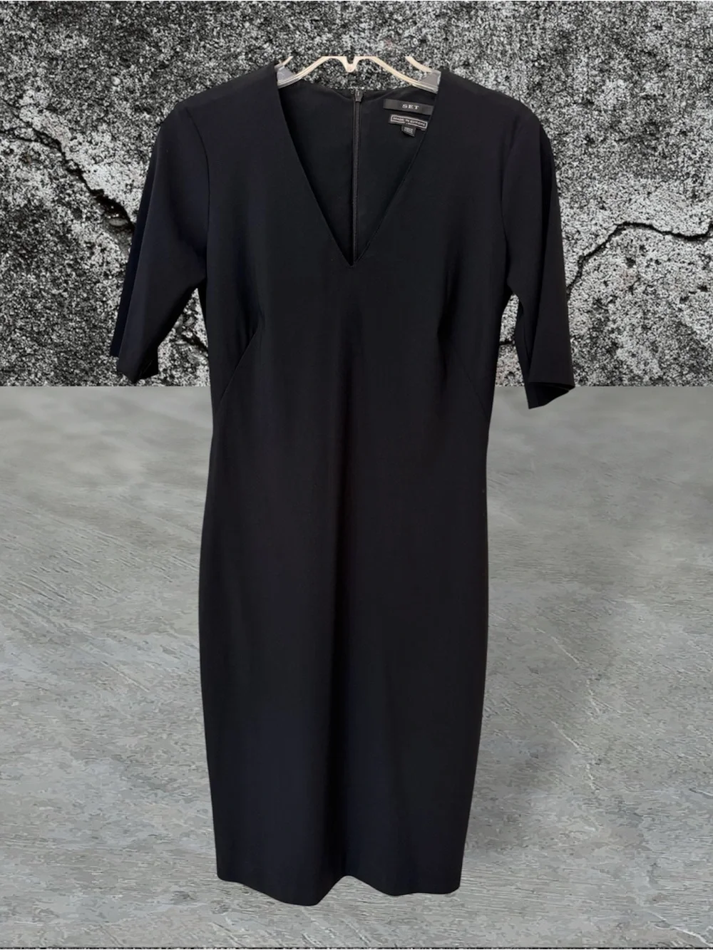 SET Black V-Neck Knee Length Sheath Dress, Fitted Stretch, Short Sleeve, Sz S - Picture 5 of 16
